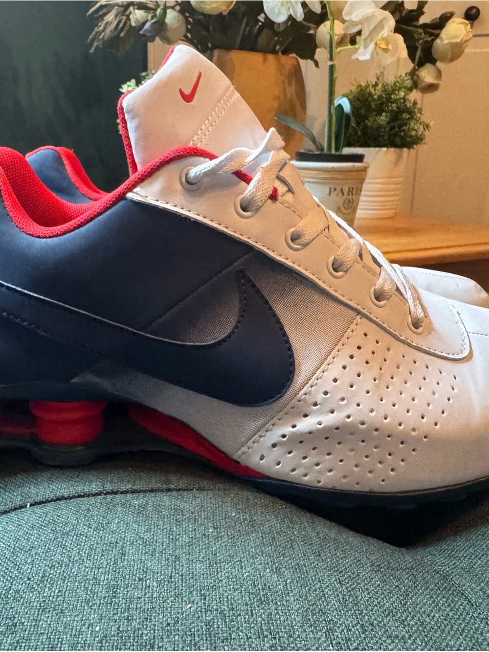 Nike Shox Men’s White and Navy Athletic Shoes with Red Accents